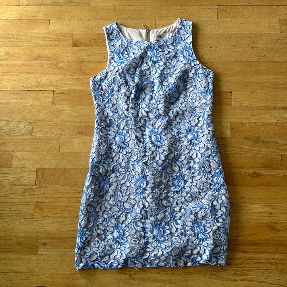 Eliza J Blue and cream/champagne floral lace sleeveless mini dress